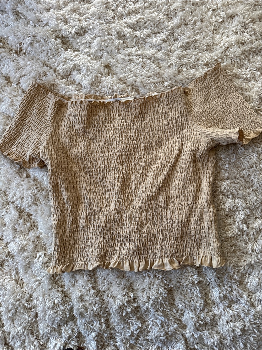 H&M Beige Smocked Off-Shoulder Crop Top